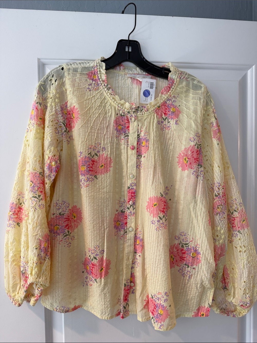 LoveShackFancy Yellow Floral Button-Up Blouse with Pink Blooms